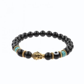 Amader Charm Buddhaamp;Evil Eye Bracelet Women 8mm Elastic Round Bright Black Stone Chakra Bracelets Men Erkek Bileklik AB224