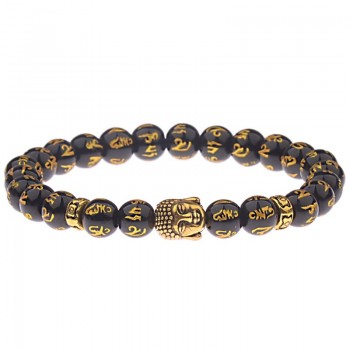 Amader Charm Buddhaamp;Evil Eye Bracelet Women 8mm Elastic Round Bright Black Stone Chakra Bracelets Men Erkek Bileklik AB224