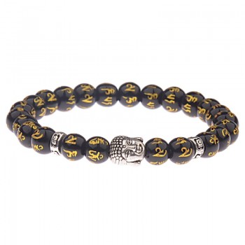 Amader Charm Buddhaamp;Evil Eye Bracelet Women 8mm Elastic Round Bright Black Stone Chakra Bracelets Men Erkek Bileklik AB224