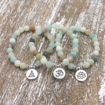 1pcs 8mm Matte Frosted Amazonite beads with Lotus OM Buddha Charm Yoga Bracelet