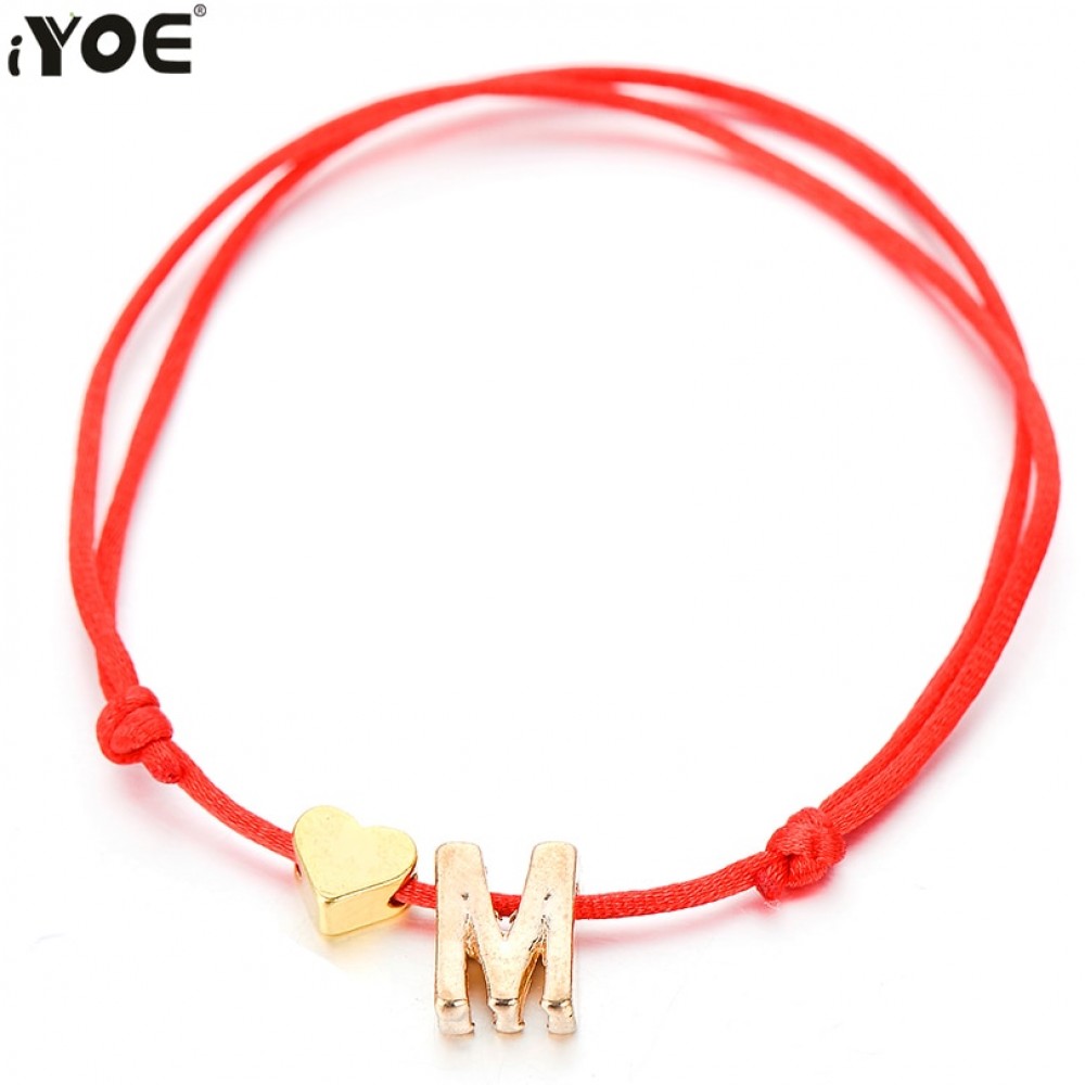 IYOE Gold Lucky Red Thread String Letter Charm Bracelet Women Men Kids Tiny Heart Initial Letter Name Bracelets Couple Friends