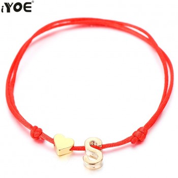 IYOE Gold Lucky Red Thread String Letter Charm Bracelet Women Men Kids Tiny Heart Initial Letter Name Bracelets Couple Friends