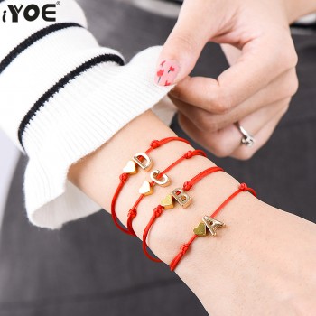 IYOE Gold Lucky Red Thread String Letter Charm Bracelet Women Men Kids Tiny Heart Initial Letter Name Bracelets Couple Friends