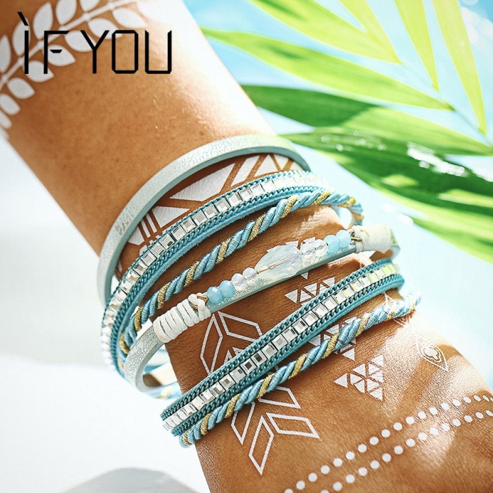 IF YOU Fashion Multilayer Leather Bracelet For Woman Female Charm Braided Crystal Bead Stone Bracelets Bangles Couples Jewelry