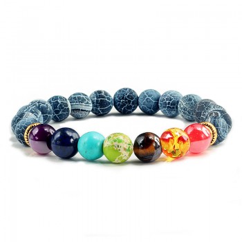 7 Chakra Rosary Bracelets Yoga Women Black/White/Purple Weathered Lava Stone Colorful Volcanic Beads Mens Bangles Stone Jewelry