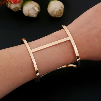 New  Punk Designer Gold Silver Color Alloy Simple Hollow Out Wide Abstract Cuff Bracelet Bangle Costume Jewelry For Women B407