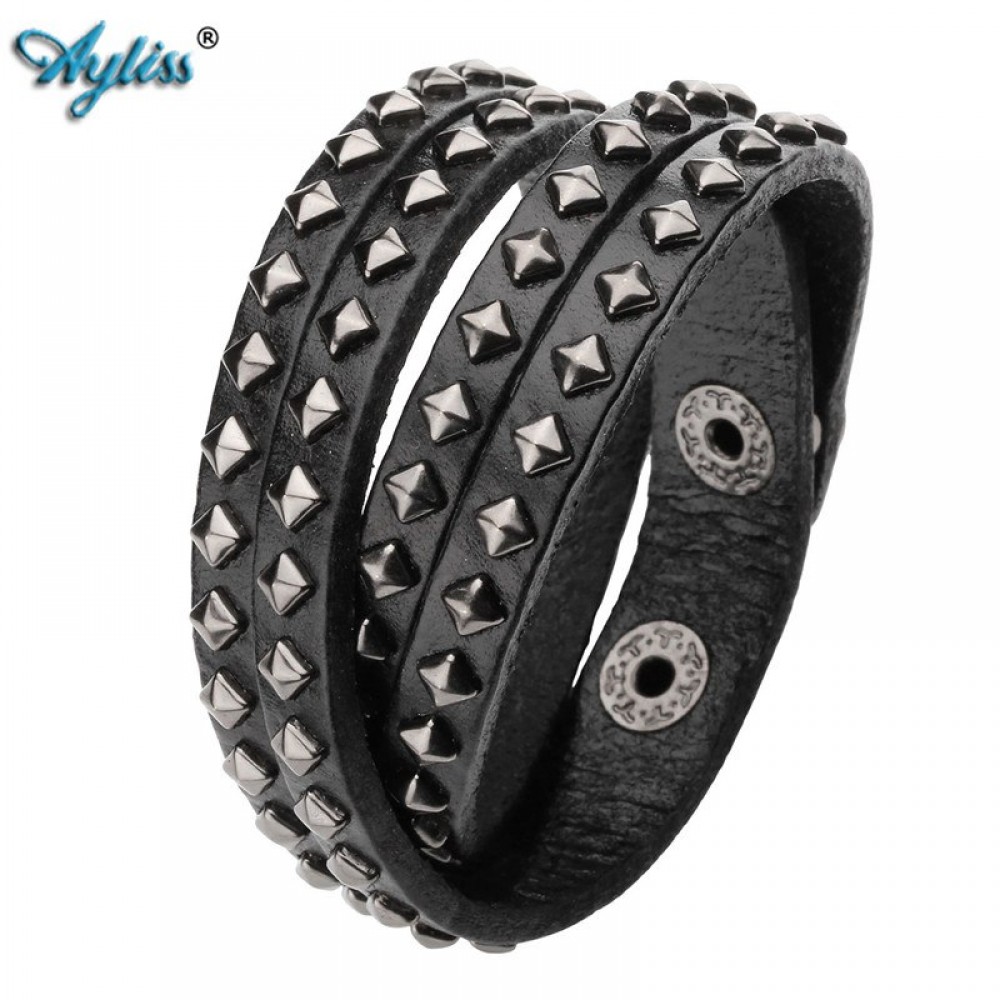 2017 Ayliss 14.5-15.5 Multi Layers Rivet Strap Cuff Wrap Punk Biker Black Genuine Leather Bracelet Wristband For Men Women 1pc