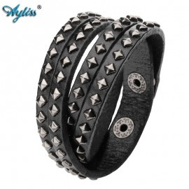 2017 Ayliss 14.5-15.5 Multi Layers Rivet Strap Cuff Wrap Punk Biker Black Genuine Leather Bracelet Wristband For Men Women 1pc