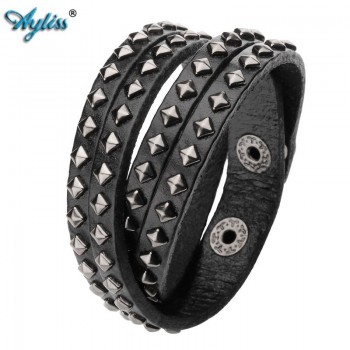 2017 Ayliss 14.5-15.5 Multi Layers Rivet Strap Cuff Wrap Punk Biker Black Genuine Leather Bracelet Wristband For Men Women 1pc