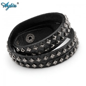 2017 Ayliss 14.5-15.5 Multi Layers Rivet Strap Cuff Wrap Punk Biker Black Genuine Leather Bracelet Wristband For Men Women 1pc