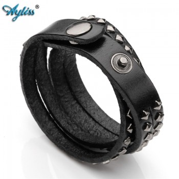 2017 Ayliss 14.5-15.5 Multi Layers Rivet Strap Cuff Wrap Punk Biker Black Genuine Leather Bracelet Wristband For Men Women 1pc