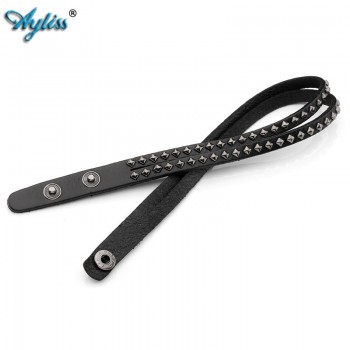 2017 Ayliss 14.5-15.5 Multi Layers Rivet Strap Cuff Wrap Punk Biker Black Genuine Leather Bracelet Wristband For Men Women 1pc