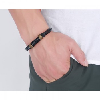 XUANPAI Vintage Mens  Bracelet Black Genuine Leather Retro Alloy Easy-hook Clasp Charm Male Bracelets