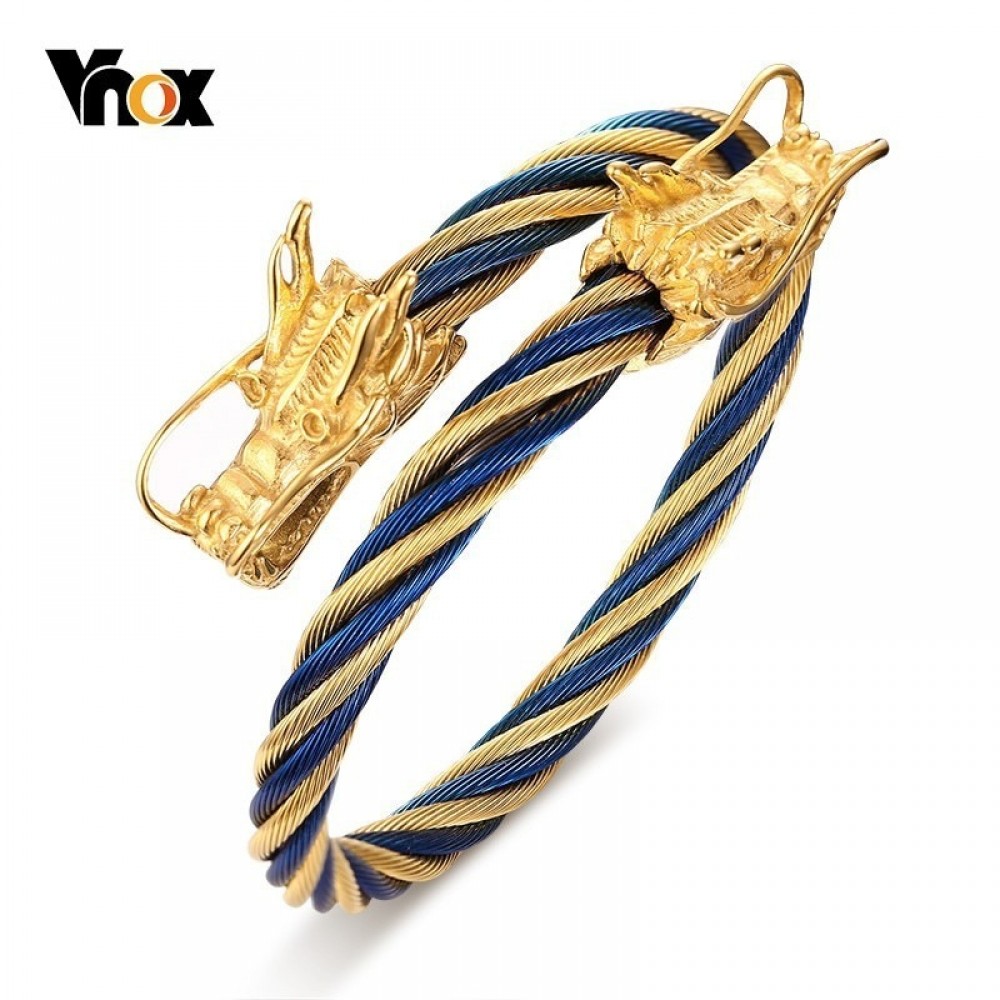 Vnox Rock Punk Double Dragon Heads Cuff Bracelets Bangles for Men Stainless Steel Twisted WIA Viking pulsera Accessories