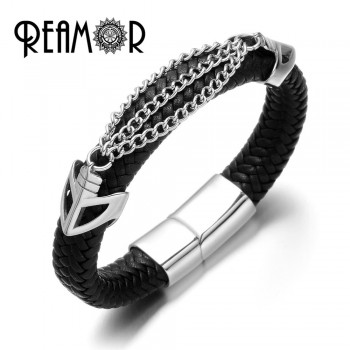 REAMOR 316L Stainless Steel Double Link Mask Charms Cuff Bracelets Bangles 12mm Braided Leather Men Bracelets Luxury Jewelry