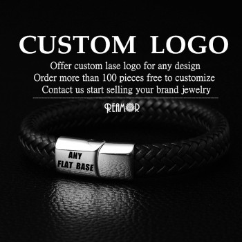 REAMOR 316L Stainless Steel Double Link Mask Charms Cuff Bracelets Bangles 12mm Braided Leather Men Bracelets Luxury Jewelry
