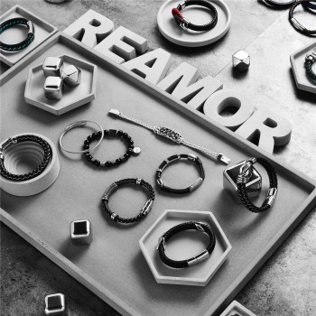 REAMOR 316L Stainless Steel Double Link Mask Charms Cuff Bracelets Bangles 12mm Braided Leather Men Bracelets Luxury Jewelry