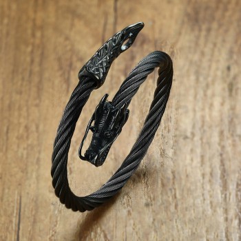 Twisted Cable Dragon Cuff Bracelet for Men Stainless Steel Open Lock Elastic Adjustable Bangle Male Jewelry Silver Tone Black