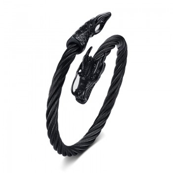 Twisted Cable Dragon Cuff Bracelet for Men Stainless Steel Open Lock Elastic Adjustable Bangle Male Jewelry Silver Tone Black