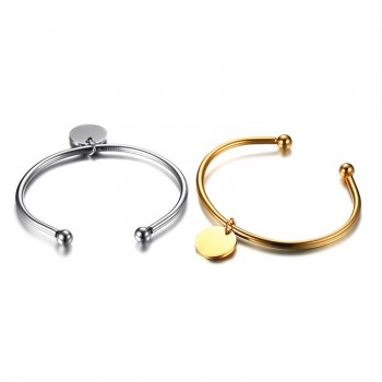 Vnox Round Charm Personalize Women Jewelry Free Engraving Lady Cuff Bangle Silver Gold Color Stainless Steel Female Bracelets