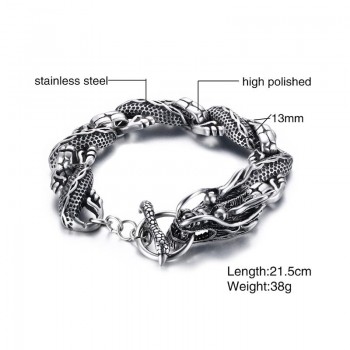 Mens Dragon Themed Link Bracelet with Toggle Clasp Silver Color Men  Punk bileklik Stainless Steel Jewelry pulseira masculina