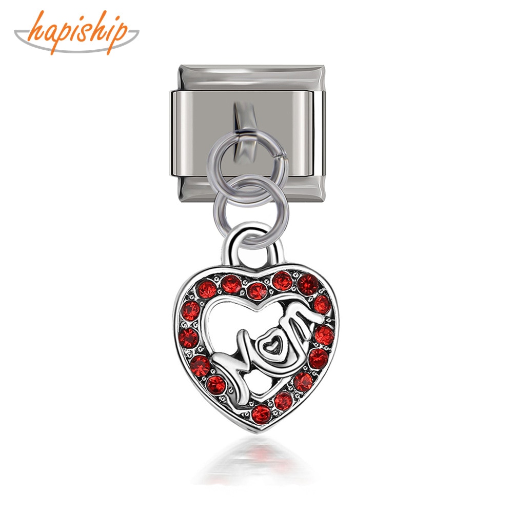Hapiship 2019 New Original Daisy Heart Mom Red Rhinestone Italian Charm Fit 9mm Bracelet Stainless Steel Jewelry Making DJ52