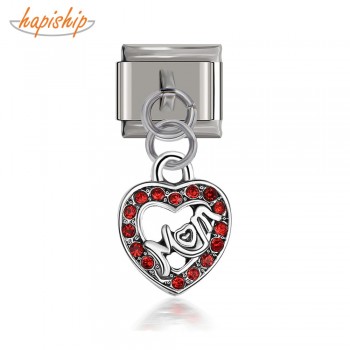 Hapiship 2019 New Original Daisy Heart Mom Red Rhinestone Italian Charm Fit 9mm Bracelet Stainless Steel Jewelry Making DJ52