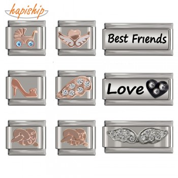 Hapiship Original Design Rose Heels Pram Wing Bowknot Love Luck Best Friend Charm Fit 9mm Bracelet Stainless Steel Links DJ136