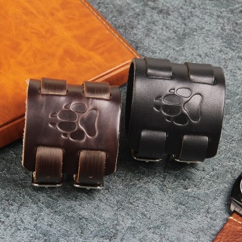 Fnixtar High Quality Bear Paw Sign Men Jewelry Black Wide Wristband Leather Bracelets for Men Women Cool 29cm Length Bracelets