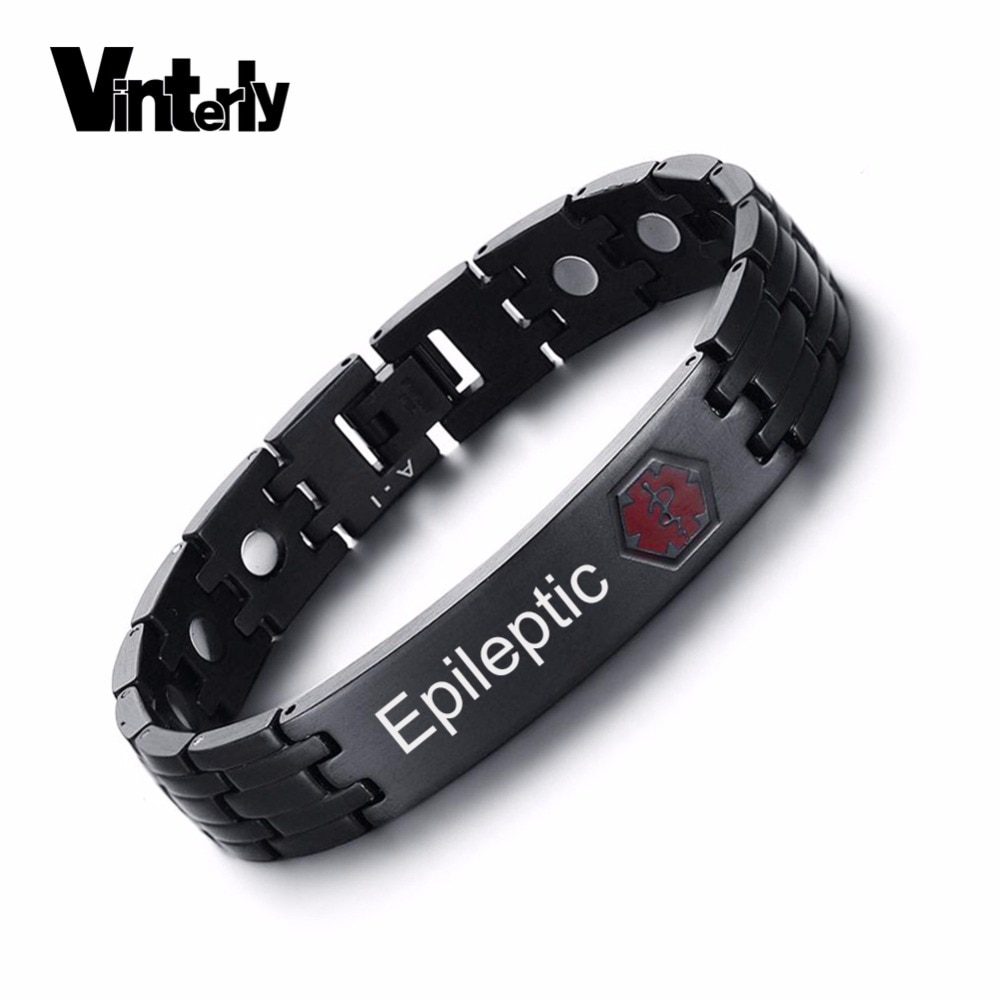 Vinterly Engraving Serviec Medical Alert ID Bracelets Bangles for Men Black Health Energy Magnetic Stainless Steel Bracelet Male