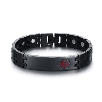 Vinterly Engraving Serviec Medical Alert ID Bracelets Bangles for Men Black Health Energy Magnetic Stainless Steel Bracelet Male