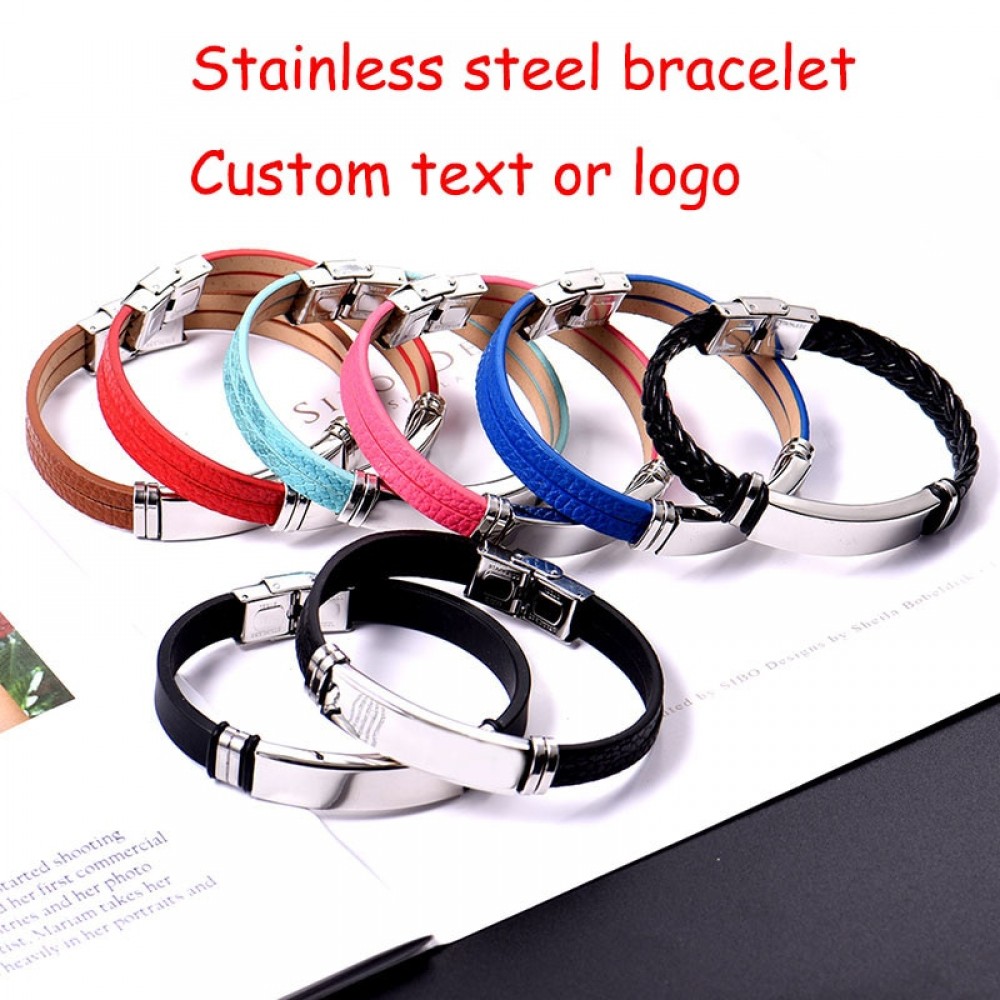 Stainless Steel Custom Personalized Leather Bracelet Engraved Lover Baby Name Motto Logo Bangle Jewelry 2019 Valentine Gifts