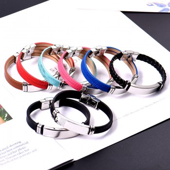 Stainless Steel Custom Personalized Leather Bracelet Engraved Lover Baby Name Motto Logo Bangle Jewelry 2019 Valentine Gifts