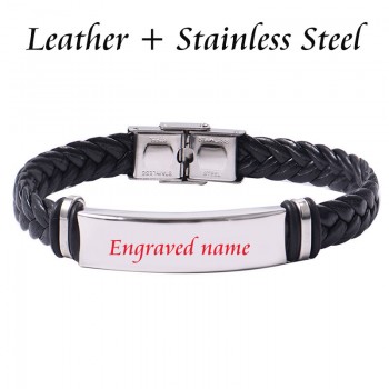 Stainless Steel Custom Personalized Leather Bracelet Engraved Lover Baby Name Motto Logo Bangle Jewelry 2019 Valentine Gifts