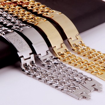 Granny Chic Hot Sell Mens Fashion Silver/Gold Stanless Steel Wide Spanish Bible ID Double Link Chain Bracelet