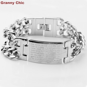 Granny Chic Hot Sell Mens Fashion Silver/Gold Stanless Steel Wide Spanish Bible ID Double Link Chain Bracelet