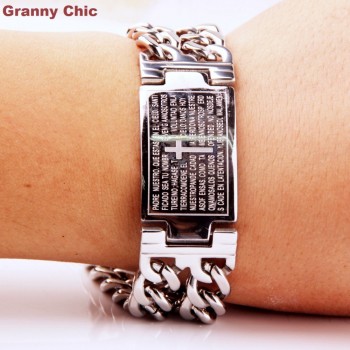 Granny Chic Hot Sell Mens Fashion Silver/Gold Stanless Steel Wide Spanish Bible ID Double Link Chain Bracelet