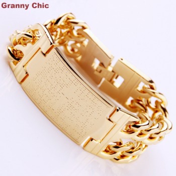 Granny Chic Hot Sell Mens Fashion Silver/Gold Stanless Steel Wide Spanish Bible ID Double Link Chain Bracelet