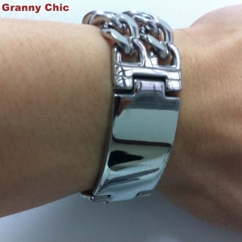 Granny Chic Hot Sell Mens Fashion Silver/Gold Stanless Steel Wide Spanish Bible ID Double Link Chain Bracelet