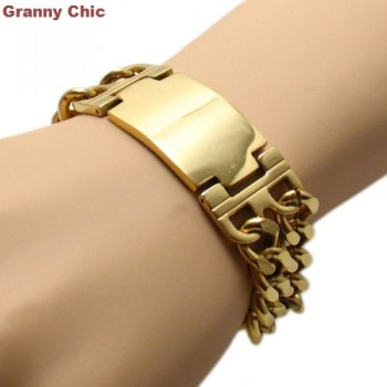 Granny Chic Hot Sell Mens Fashion Silver/Gold Stanless Steel Wide Spanish Bible ID Double Link Chain Bracelet