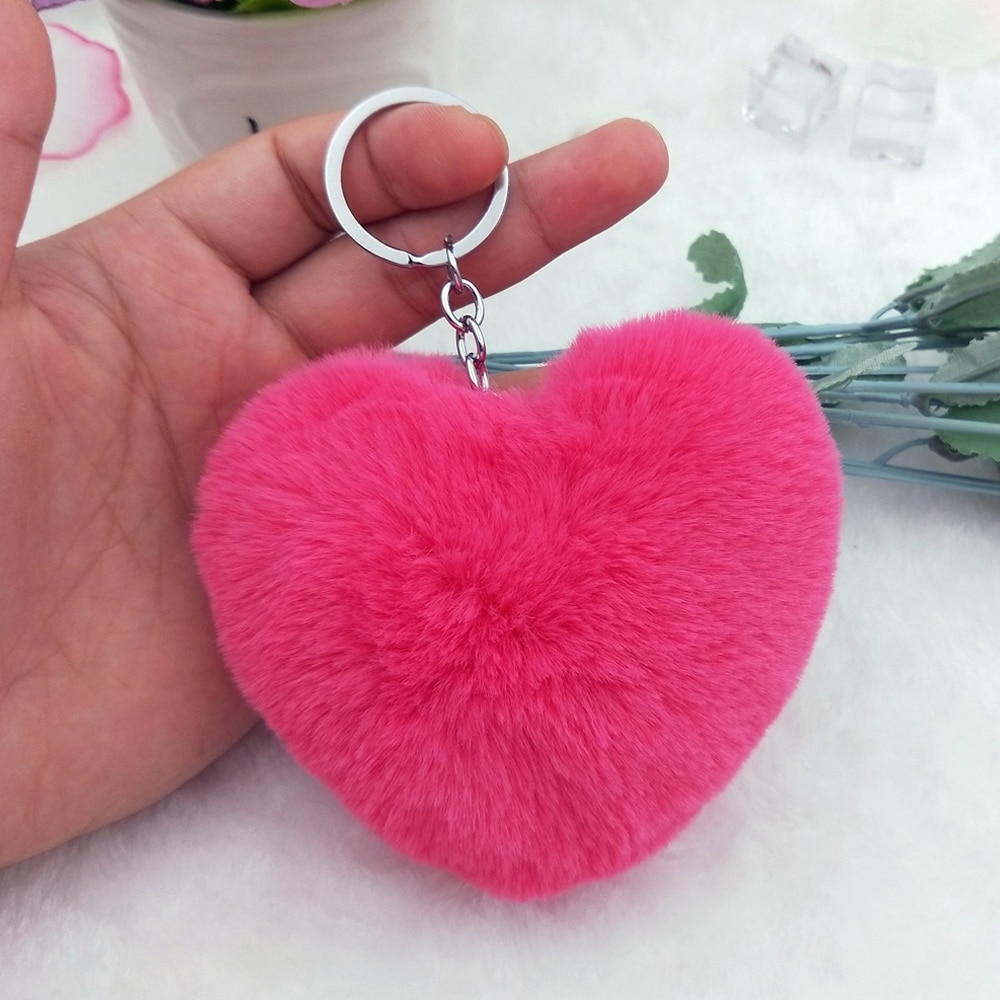 10CM Cute Fluffy Heart Keychains Womens Pom Poms Faux Rex Rabbit Fur Key Chains Girl Bag Hang Car Key Ring Jewelry Accessories