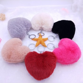10CM Cute Fluffy Heart Keychains Womens Pom Poms Faux Rex Rabbit Fur Key Chains Girl Bag Hang Car Key Ring Jewelry Accessories