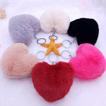 10CM Cute Fluffy Heart Keychains Womens Pom Poms Faux Rex Rabbit Fur Key Chains Girl Bag Hang Car Key Ring Jewelry Accessories