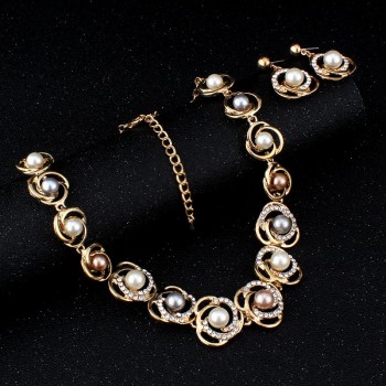 Jiayijiaduo Bridal Jewelry Sets Imitation Pearl Gold-color Wedding for Women Roses Tripe Beads Designed for Women Gifts
