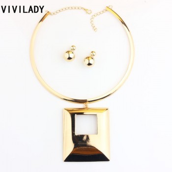VIVILADY Fashion Statement Square Jewelry Sets Women Mother Gold Color Collar Chokers African Necklaces Earrings Birthday Gifts