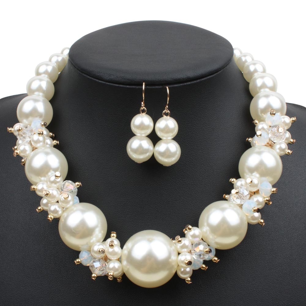 Big Pearls Crystal Jewelry Set Fashion Imitation Pearl Jewelry Sets Women Wedding Bridal Necklace Earrings 2 Pcs Dropshpping