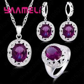 YAAMELI New Arrival Wedding Jewelry Sets 925 Sterling Silver Purple Cubic Zircon Necklace/Earring/Ring Optional Size For Ring