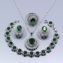 Jolly Green Zircon Zircon Women 4PCS Jewelry Set 925 Sterling Silver Ring Size 6/7/8/9/10 Bracelet Length 18+2 CM Z68