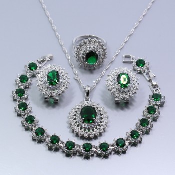 Jolly Green Zircon Zircon Women 4PCS Jewelry Set 925 Sterling Silver Ring Size 6/7/8/9/10 Bracelet Length 18+2 CM Z68