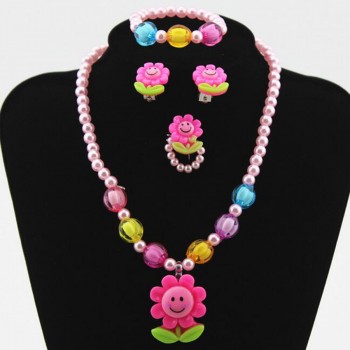Candy Beads Resin Plastic Kids Jewelry Set for Children Flower Pendants Cute Necklace Bracelet Ring Earrings Baby Jewelry T140